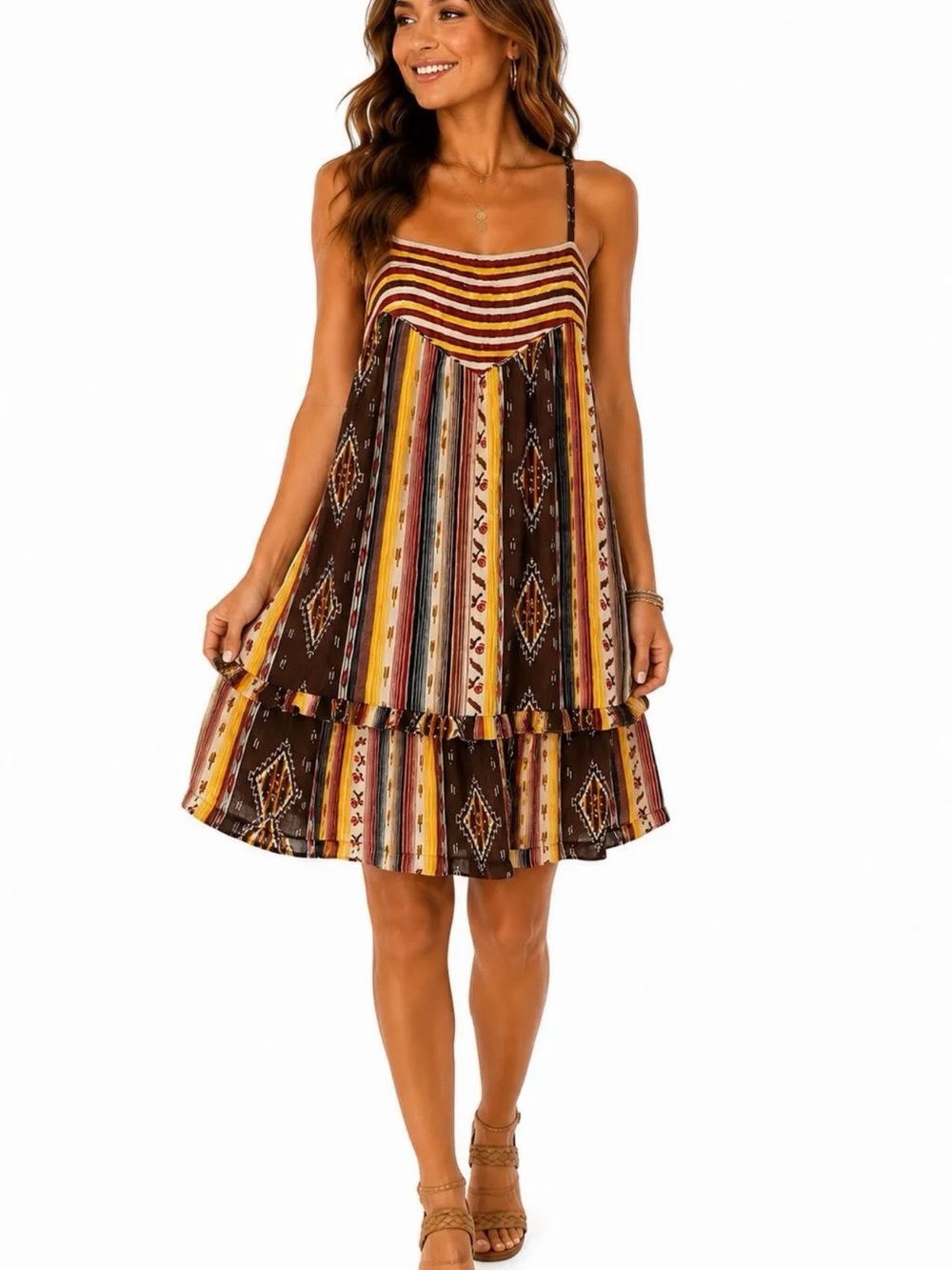 Angie Brown Multicolor Striped & Aztec Midi Dress
